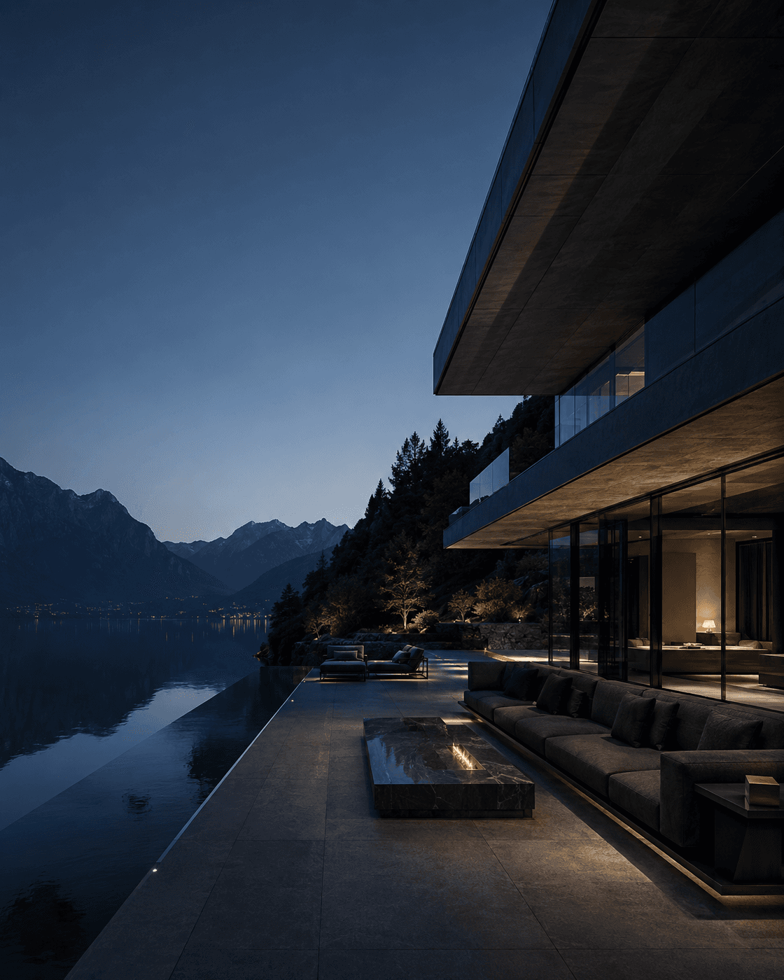 Private lakeside residence at night